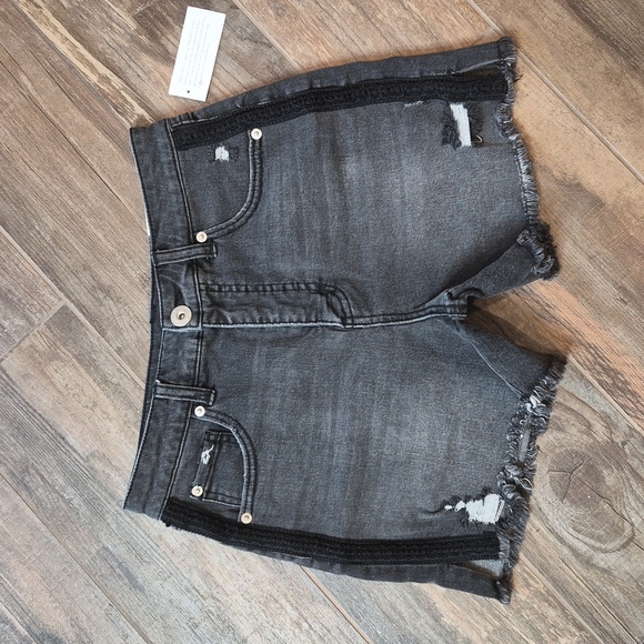 INC International Concepts Pants - INC Denim Black Distressed High Rise Embroidery Detail Denim Jean Shorts, Size 2